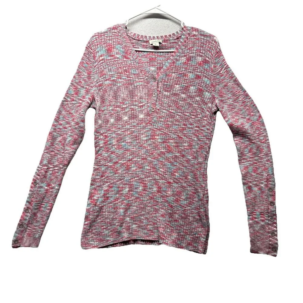 Sundance Sweater Pink Blue Ribbed Spacedye Knit Henley Women's Size XL Stretch